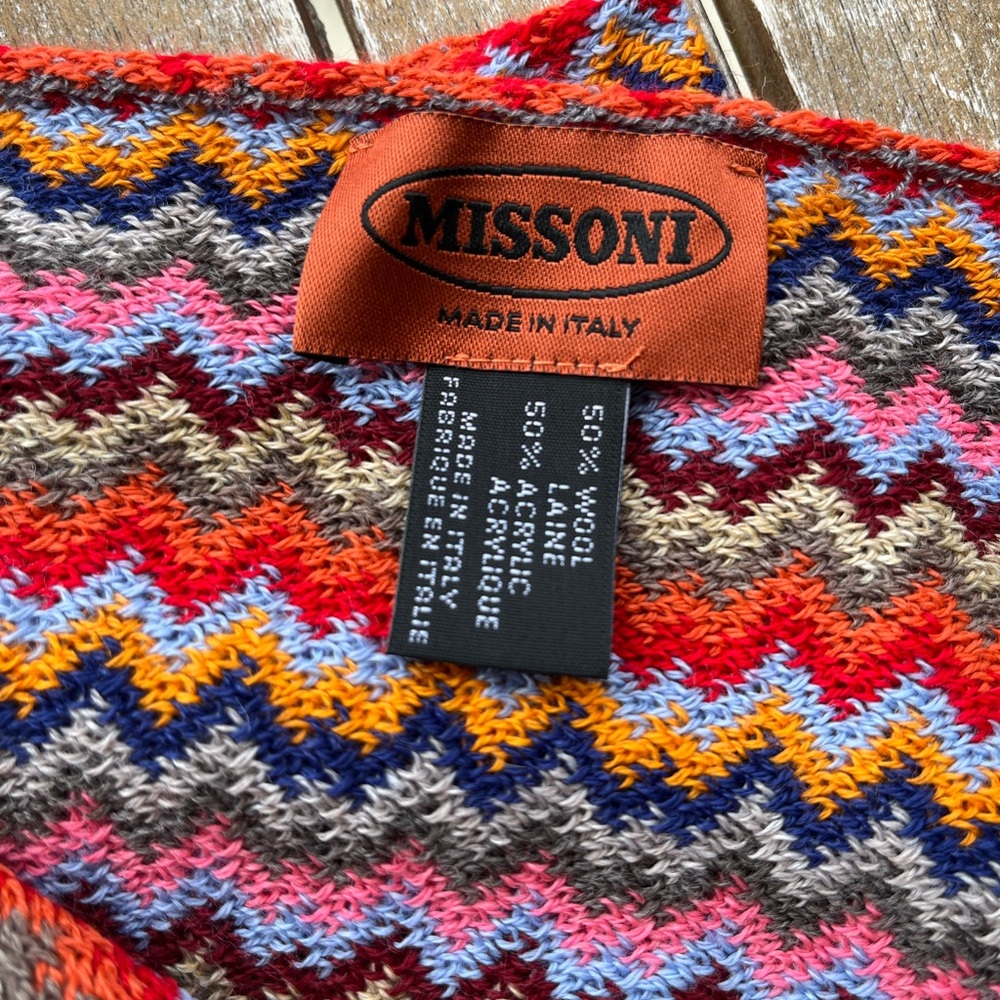 MISSONI Chevron Zig Zag Scarf Wool Acrylic Rectangle Fringe 74” X 19” Red Italy - Picture 4 of 5